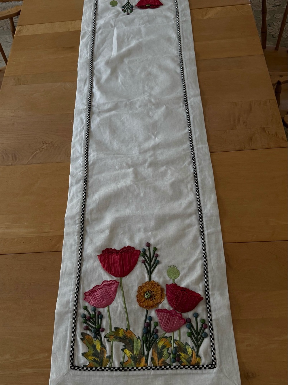 MacKenzie-Childs White Table Runner with Red & Pink Floral Embroidery